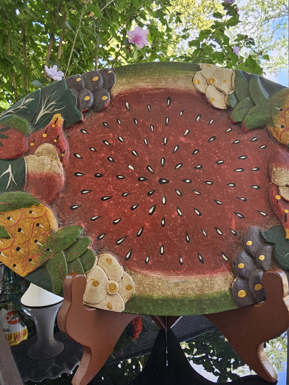 2 Vintage Hand Carved Wooden Watermelon Serving Tray Platter 3D Raised Fruit